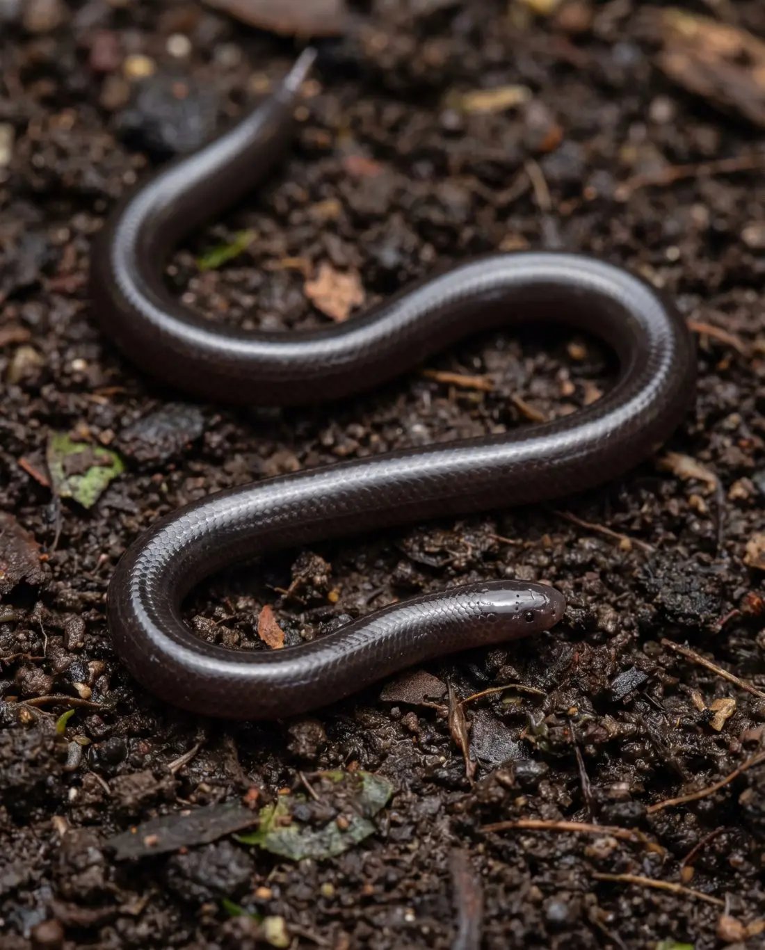 Brahminy blind snake on dark soil, a tiny shiny dark snake with a rounded head and dot-like eyes