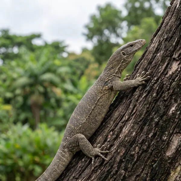 Illustration of a grey-brown clouded monitor with fine yellow speckles climbing a tree trunk