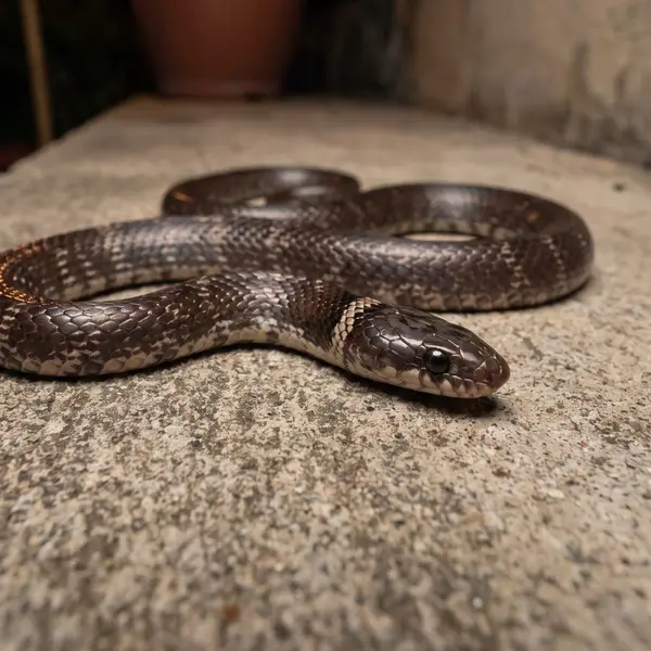 Common wolf snake on a concrete ledge at night, dark brown with fine pale speckles and a pale collar behind the head