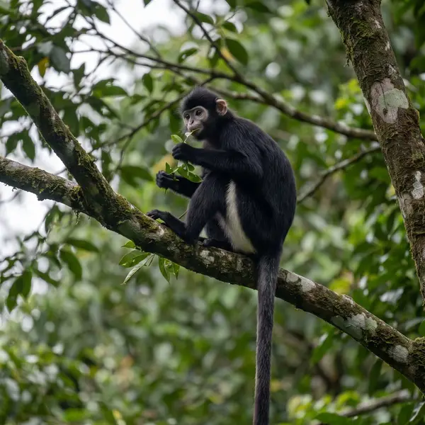 A Raffles' banded langur perched on a forest branch eating leaves, showing its black fur, white belly band and very long tail