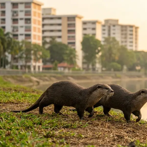 Two smooth-coated otters on the grassy bank of an urban canal in Singapore, showing their sleek brown fur, rounded heads and thick tails