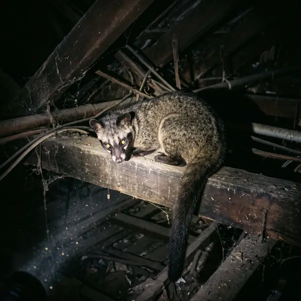 A Sumatran palm civet resting on a roof beam at night, showing its black face mask, white cheek patches, dark legs and long dark tail